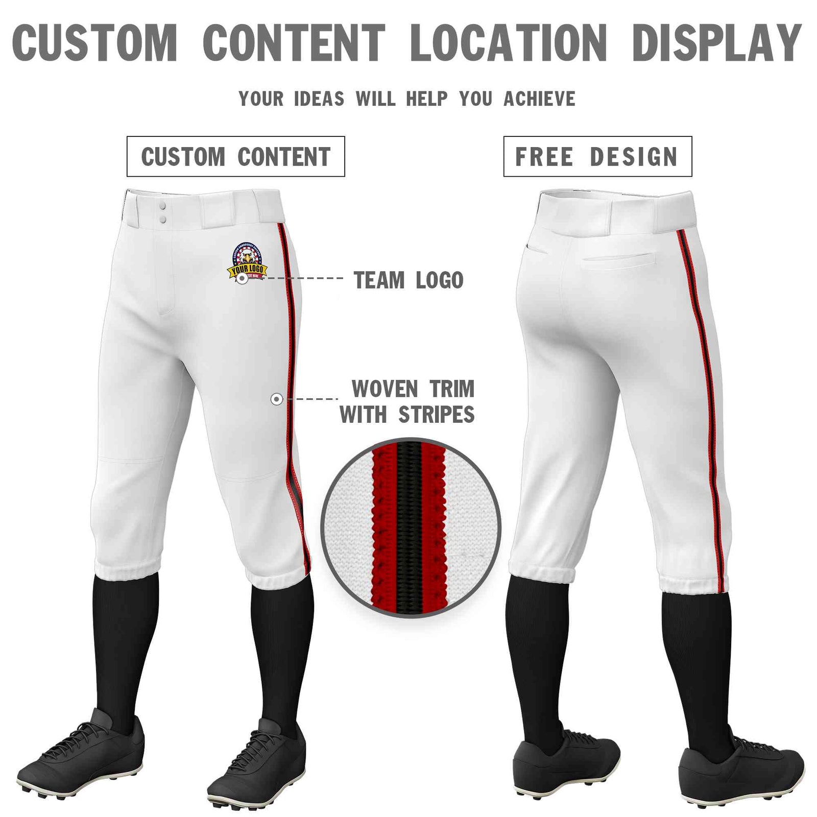 Custom White Red Black-Red Classic Fit Stretch Practice Knickers Baseball Pants