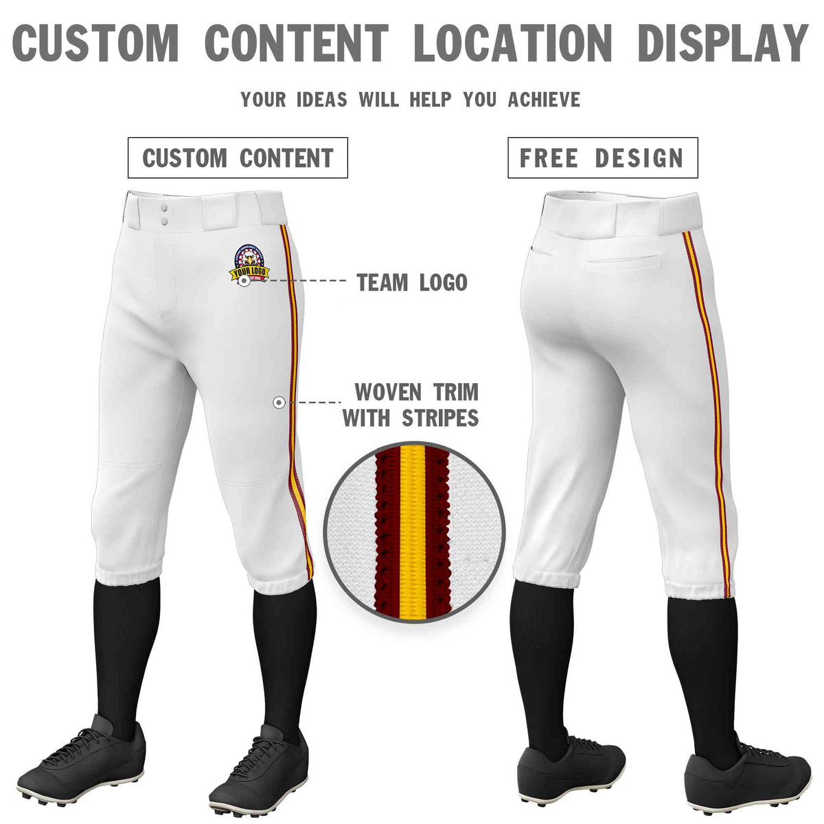 Custom White Crimson Gold-Crimson Classic Fit Stretch Practice Knickers Baseball Pants