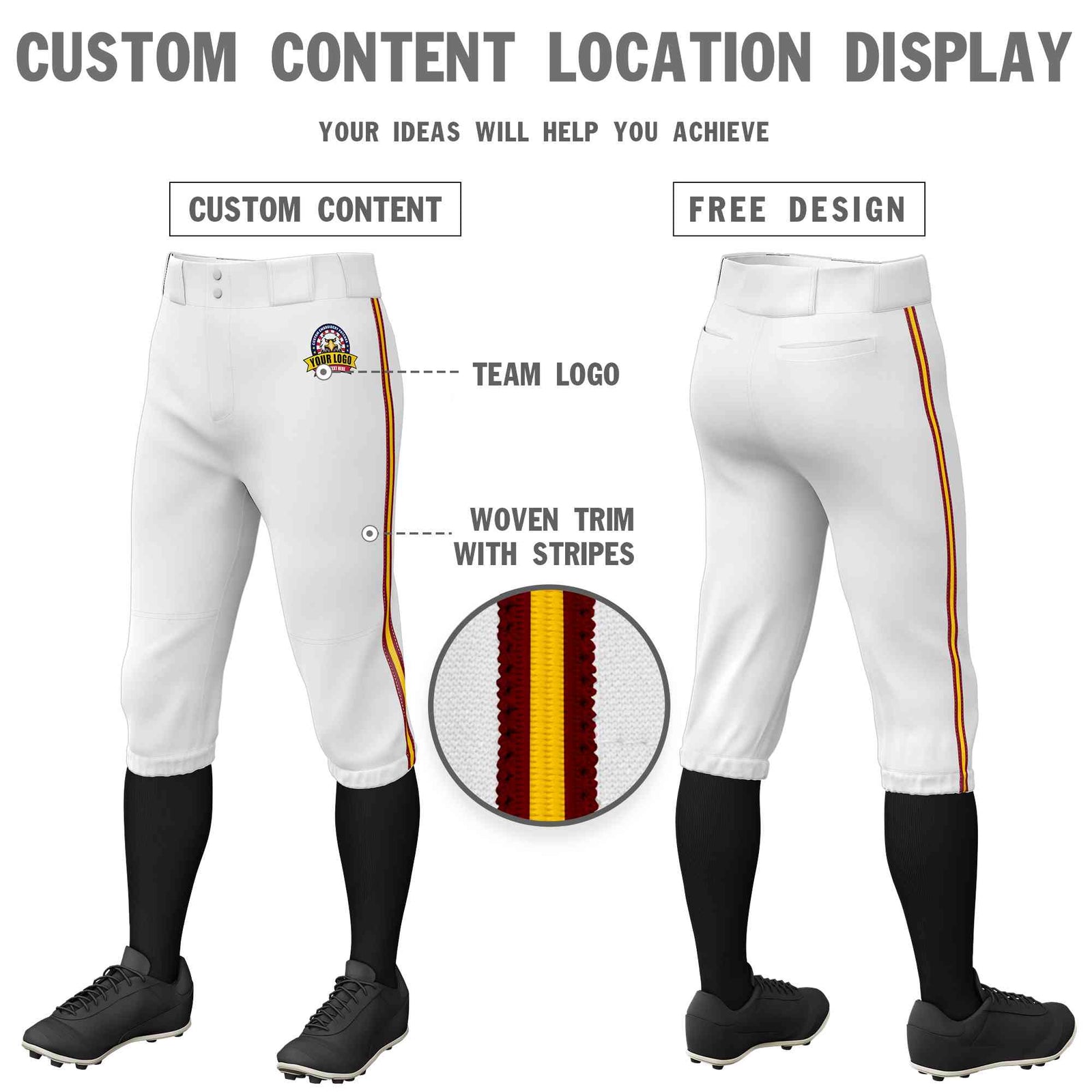 Custom White Crimson Gold-Crimson Classic Fit Stretch Practice Knickers Baseball Pants