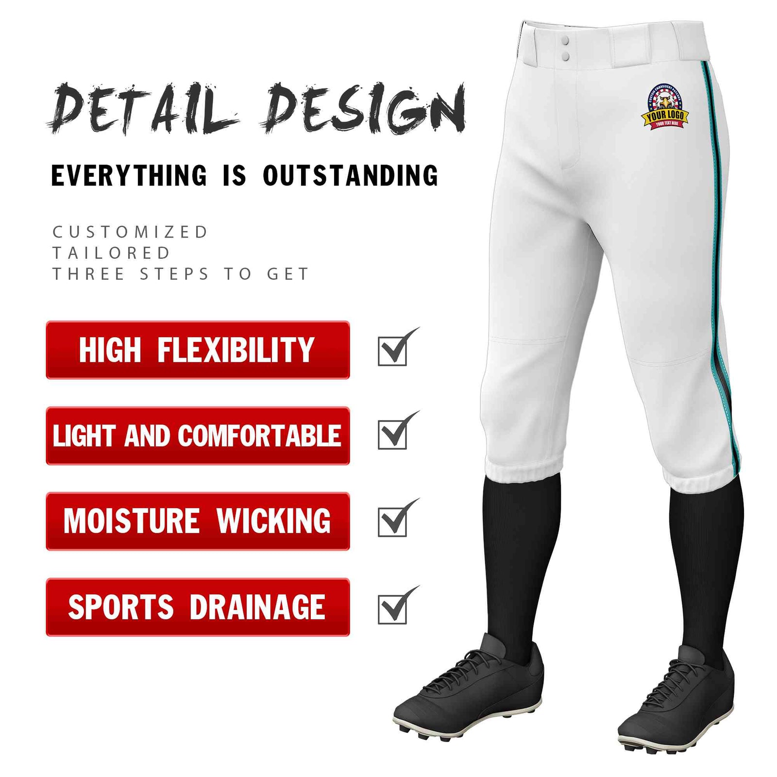 Custom White Aqua Black-Aqua Classic Fit Stretch Practice Knickers Baseball Pants