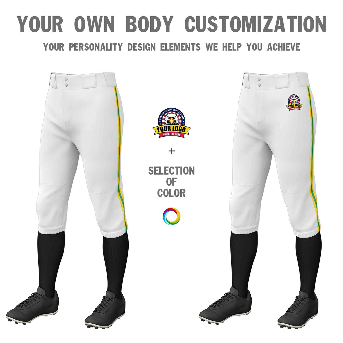 Custom White Gold Kelly Green-Gold Classic Fit Stretch Practice Knickers Baseball Pants