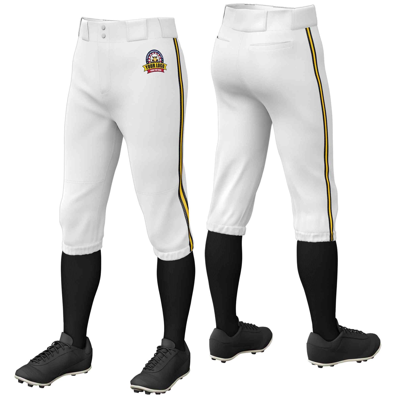 Custom White Black Gold-Black Classic Fit Stretch Practice Knickers Baseball Pants
