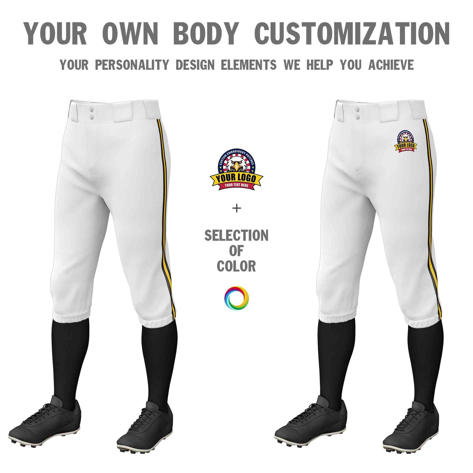 Custom White Black Gold-Black Classic Fit Stretch Practice Knickers Baseball Pants