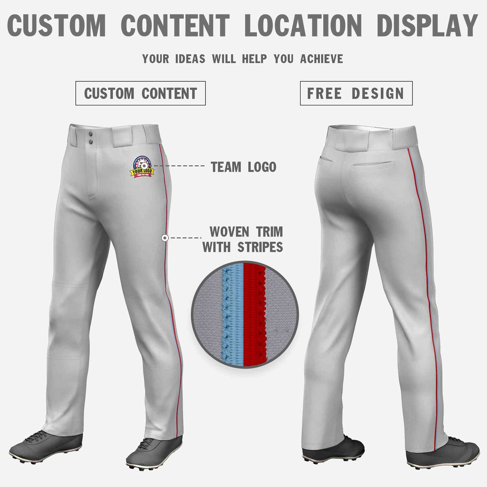 Custom Gray Light Blue-Red Classic Fit Stretch Practice Loose-fit Baseball Pants