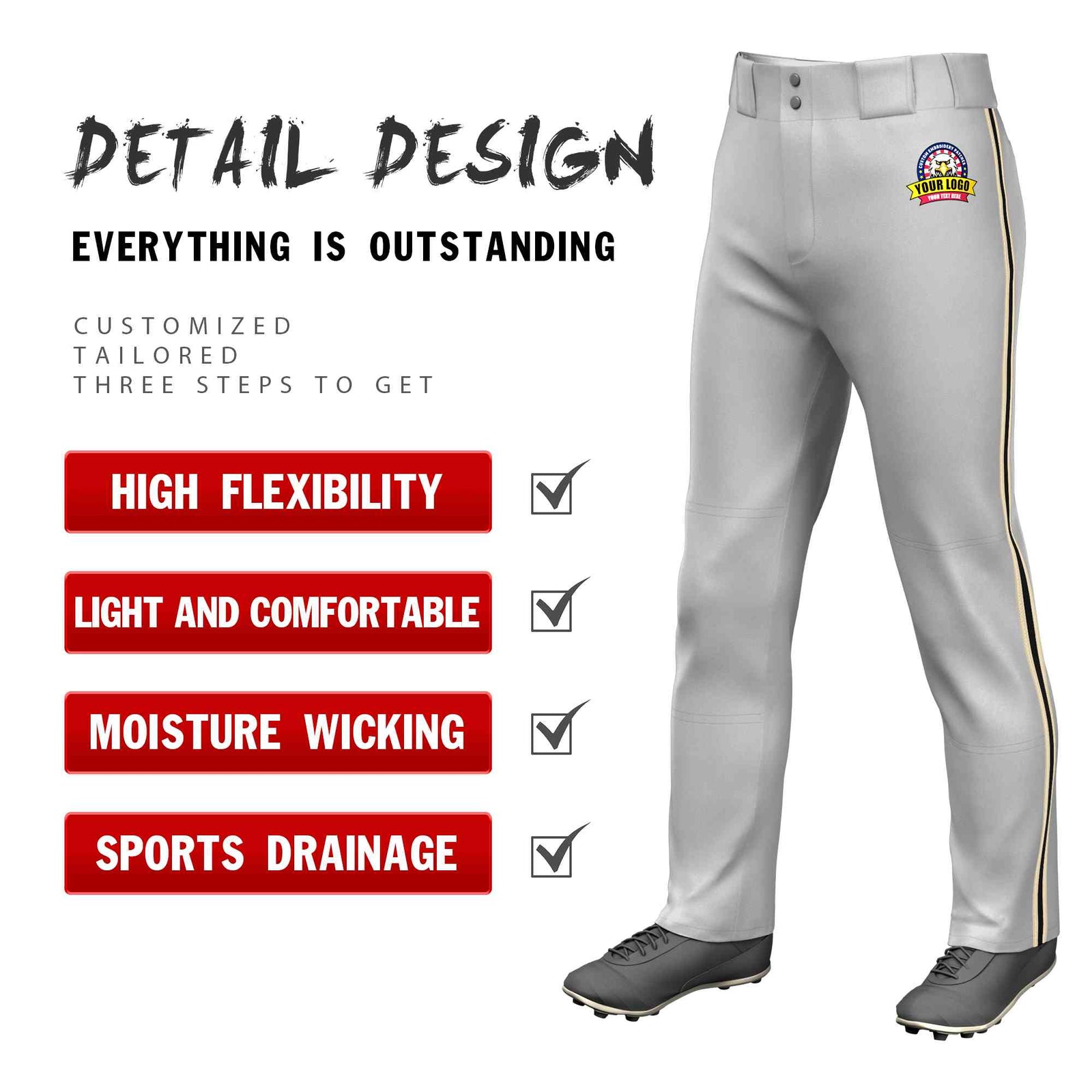 Custom Gray Khaki Black-Khaki Classic Fit Stretch Practice Loose-fit Baseball Pants