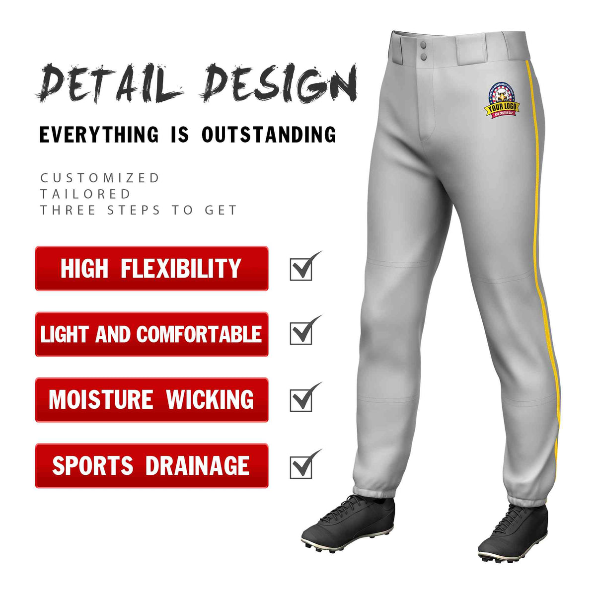 Custom Gray Gold Classic Fit Stretch Practice Pull-up Baseball Pants