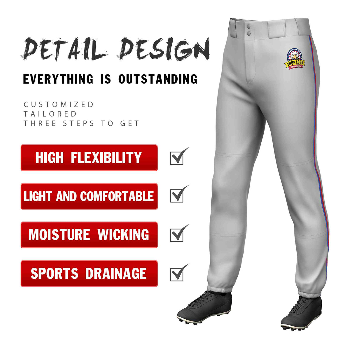 Custom Gray Royal-Red Classic Fit Stretch Practice Pull-up Baseball Pants