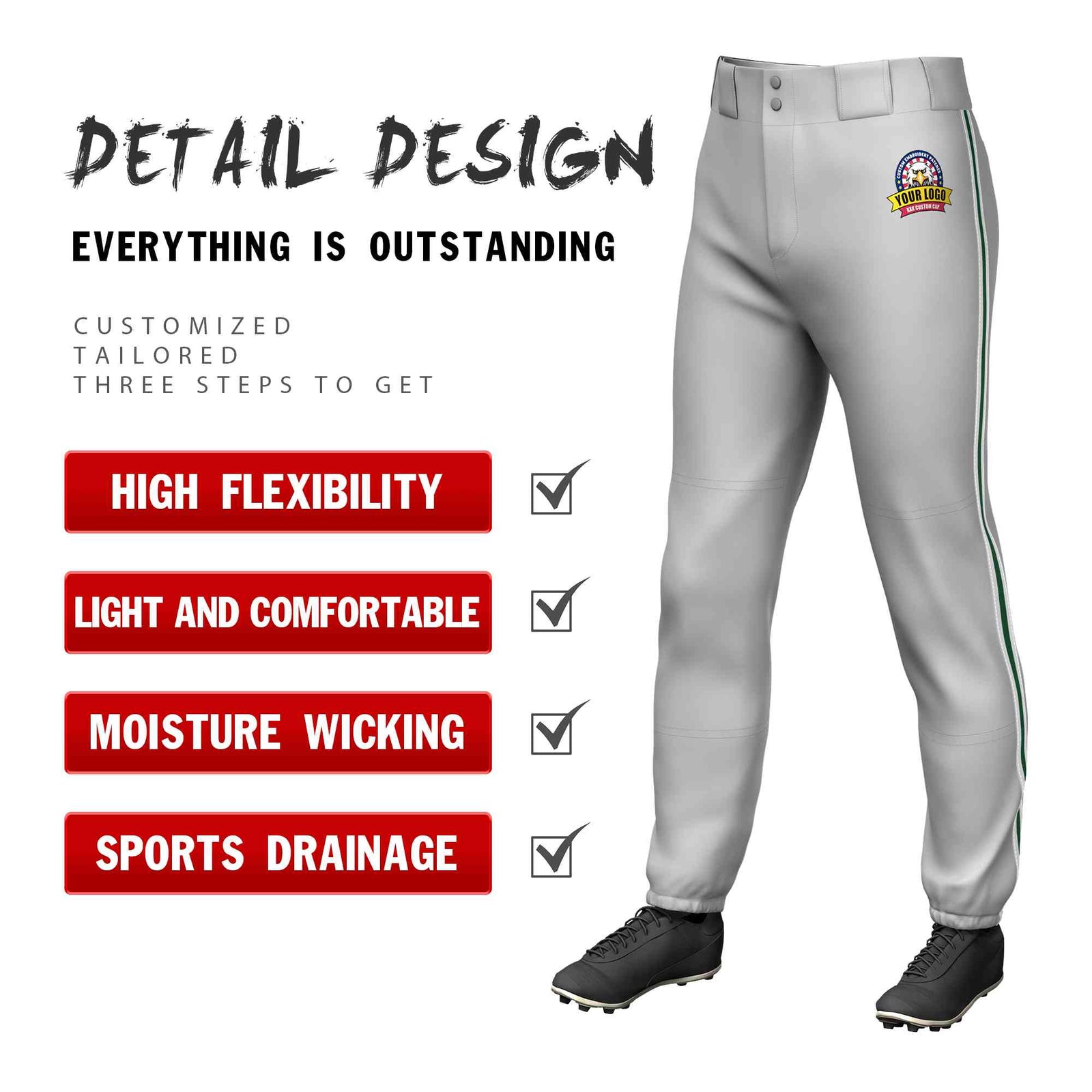 Custom Gray White Green-White Classic Fit Stretch Practice Pull-up Baseball Pants