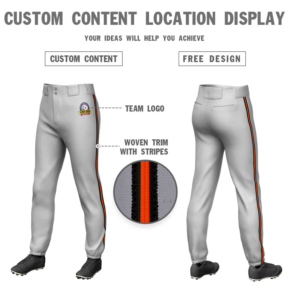 Custom Gray Black Orange-Black Classic Fit Stretch Practice Pull-up Baseball Pants