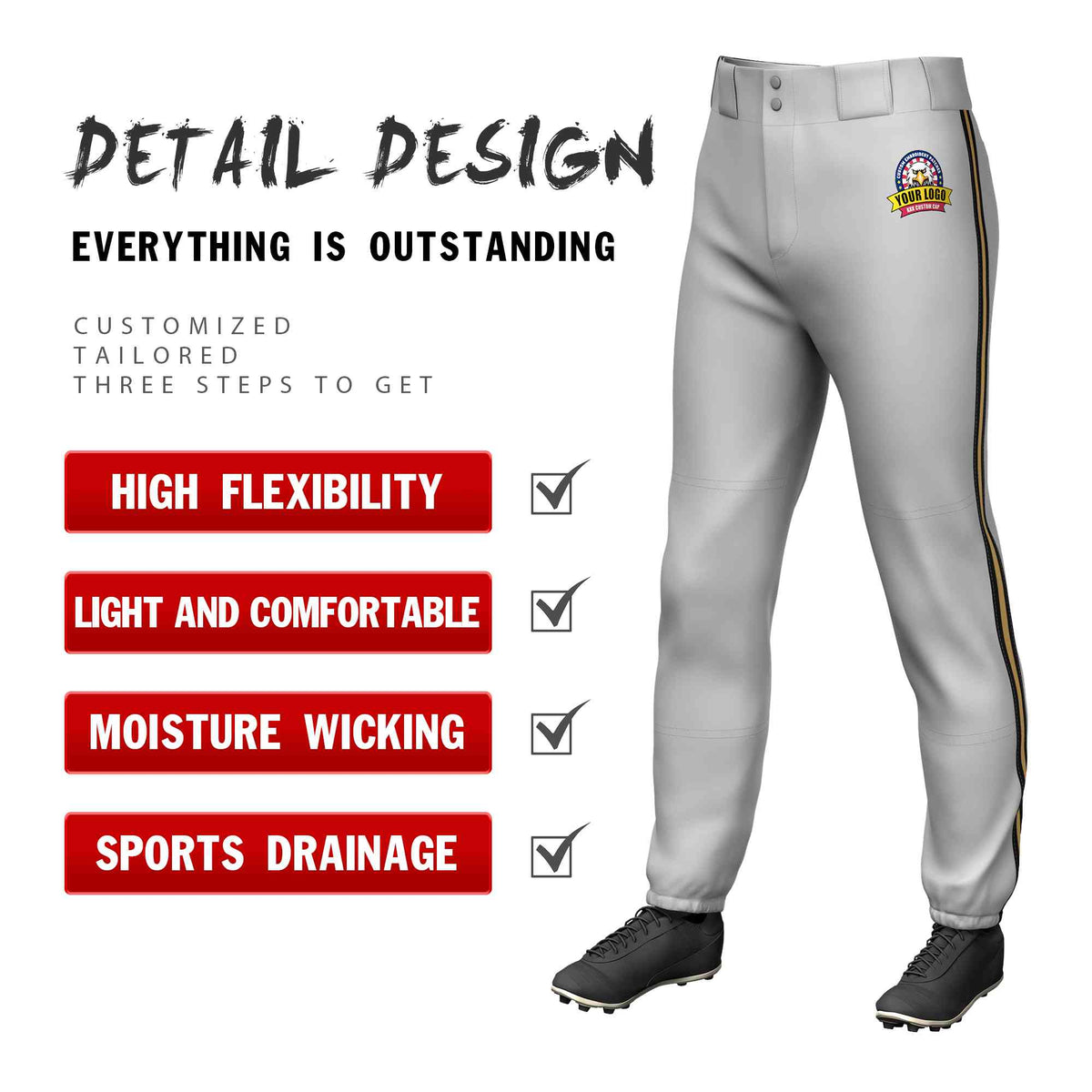 Custom Gray Black Old Gold-Black Classic Fit Stretch Practice Pull-up Baseball Pants