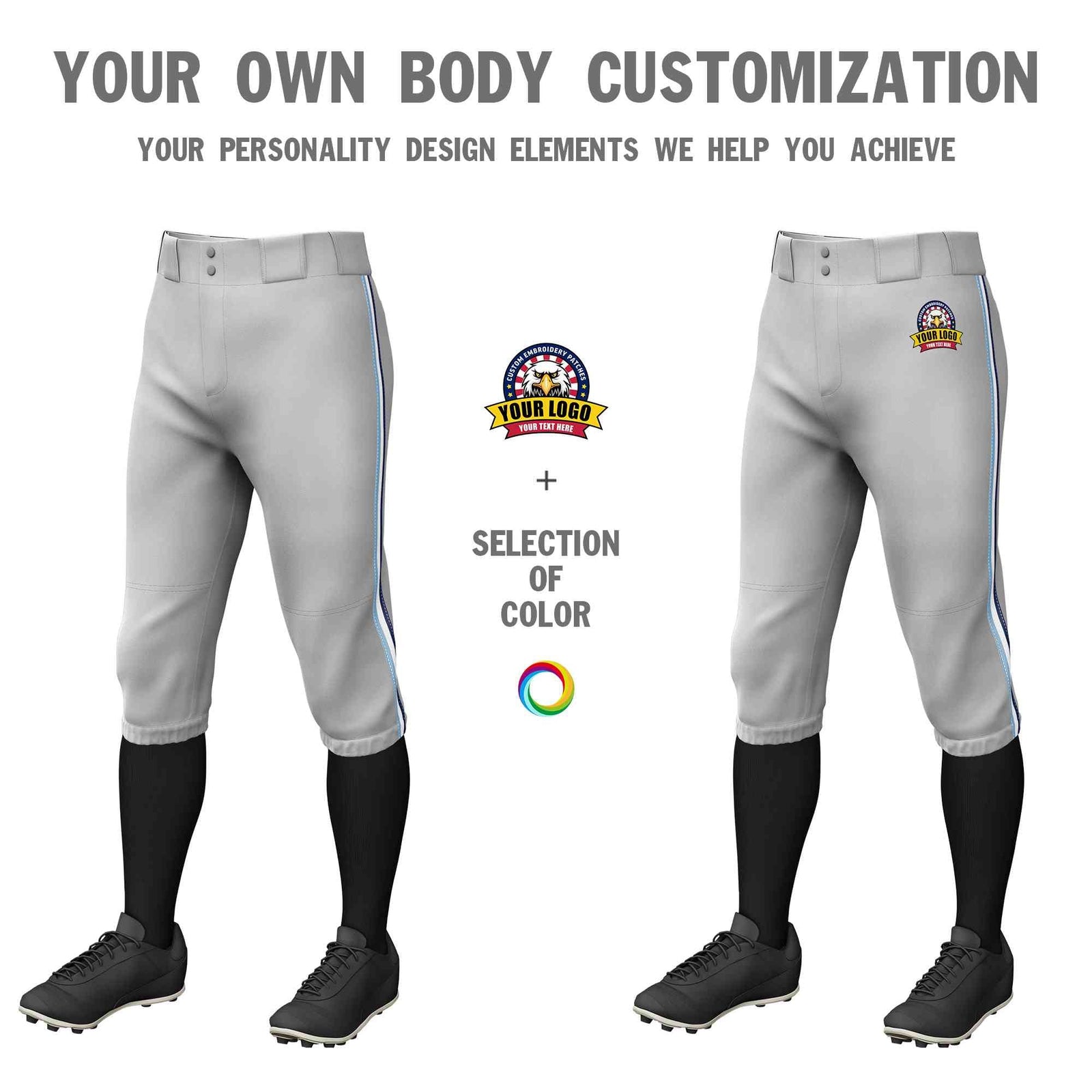 Custom Gray Light Blue White-Navy Classic Fit Stretch Practice Knickers Baseball Pants