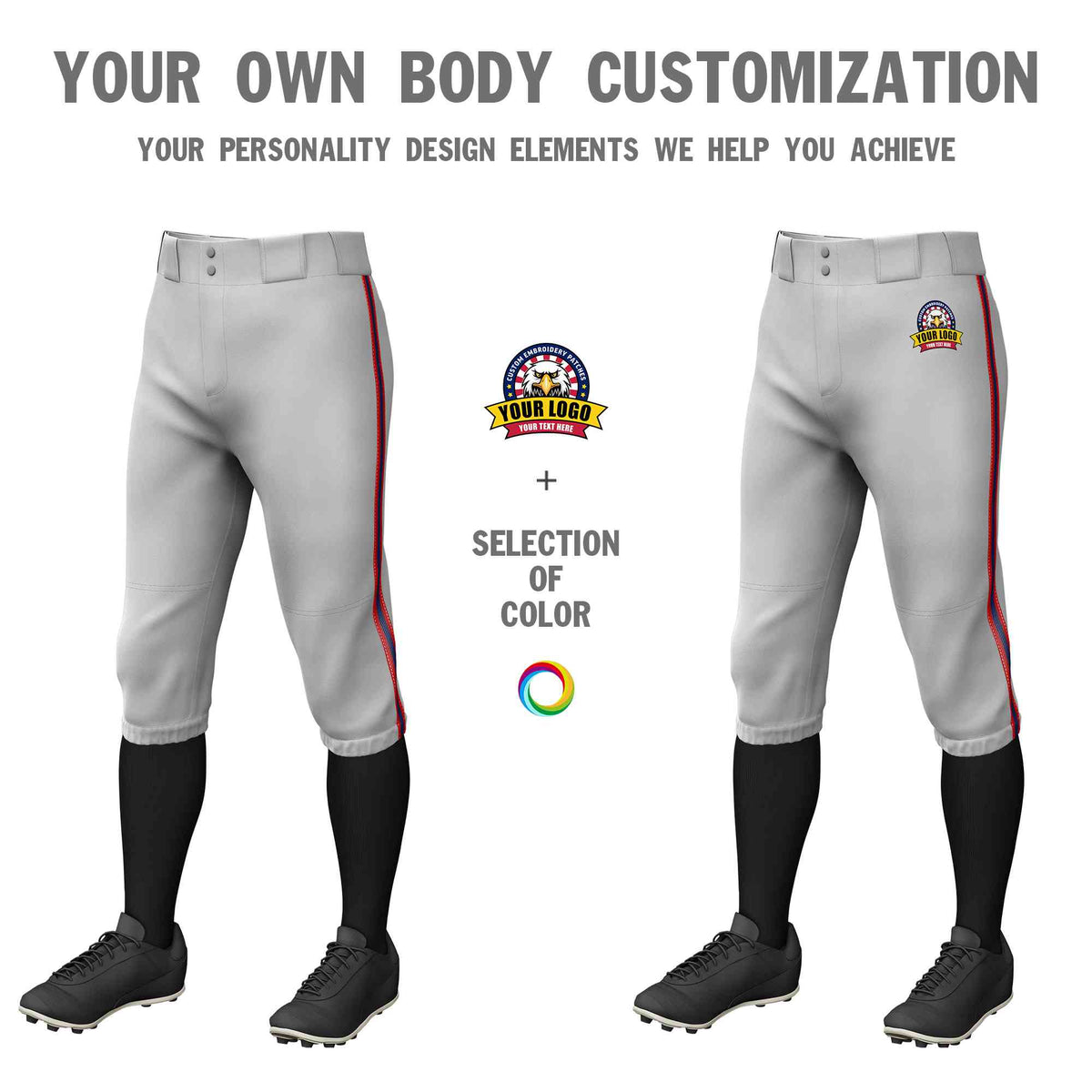 Custom Gray Red Navy-Red Classic Fit Stretch Practice Knickers Baseball Pants