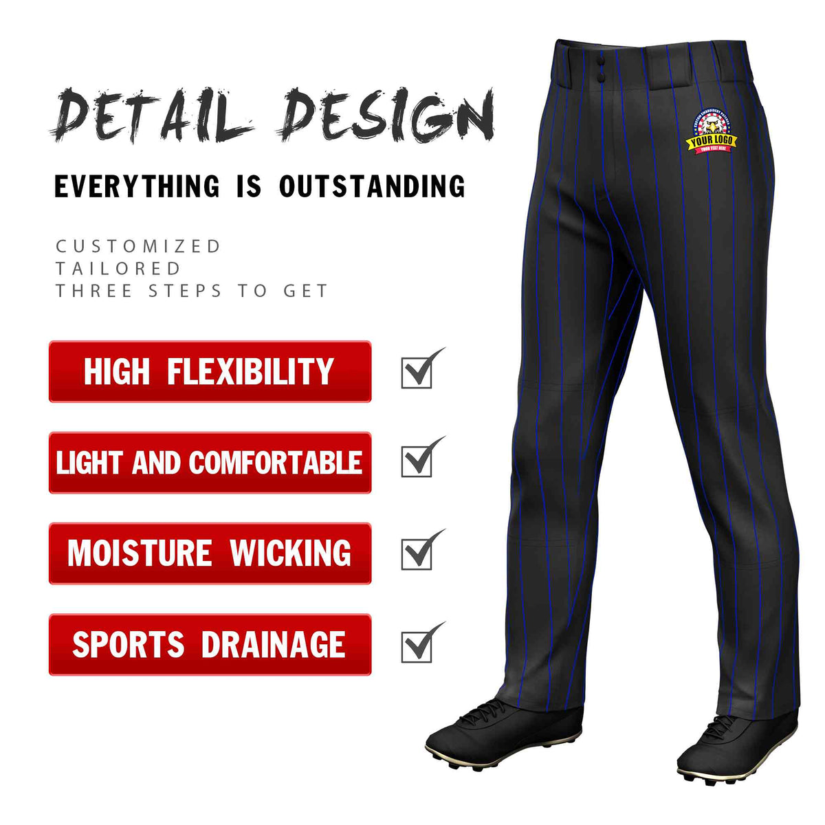 Custom Black Royal Pinstripe Fit Stretch Practice Loose-fit Baseball Pants