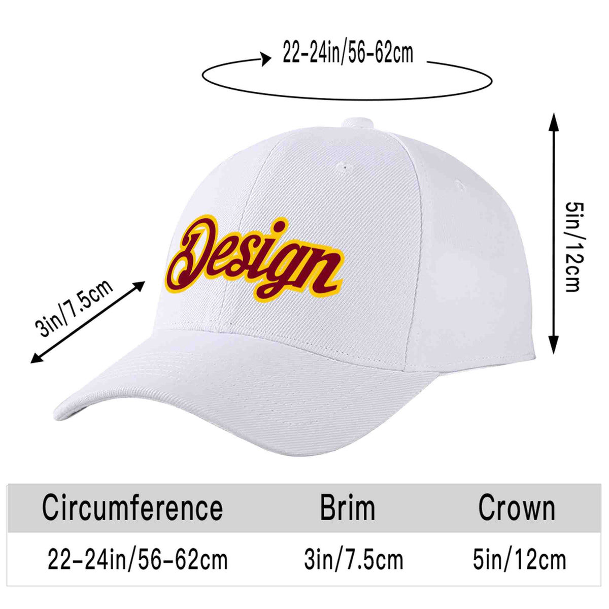 Custom White Crimson-Yellow Curved Eaves Sport Design Baseball Cap