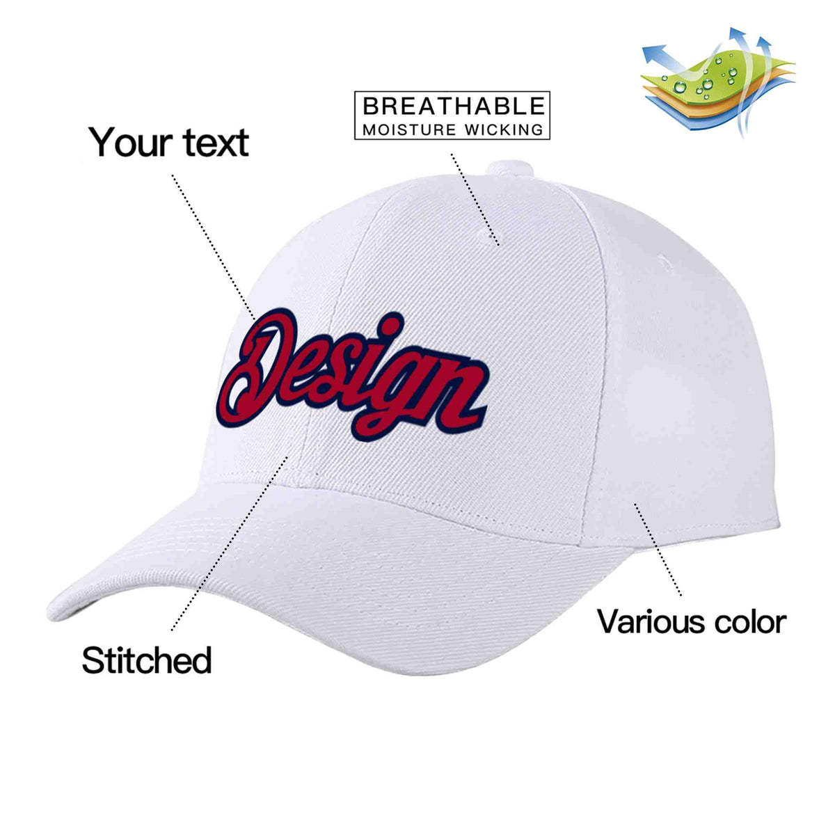 Custom White Red-Navy Curved Eaves Sport Design Baseball Cap