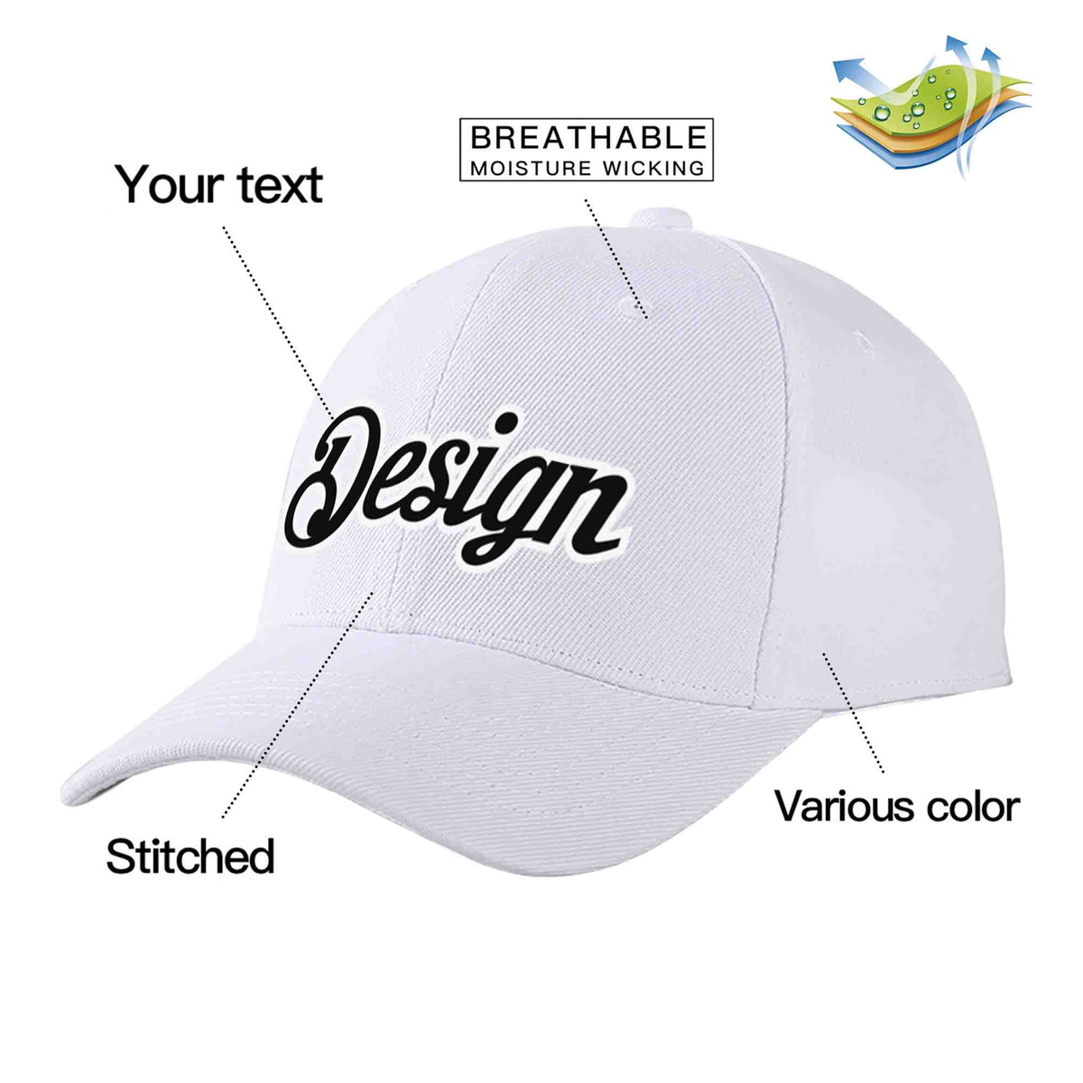 Custom White Black-White Curved Eaves Sport Design Baseball Cap