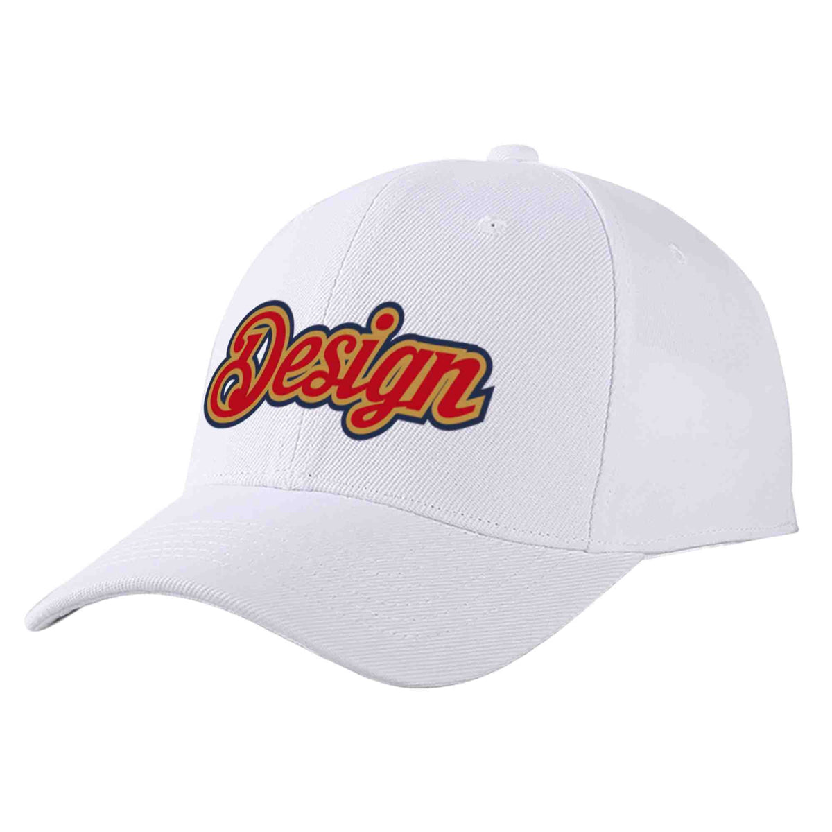 Custom White Red-Old Gold Curved Eaves Sport Design Baseball Cap