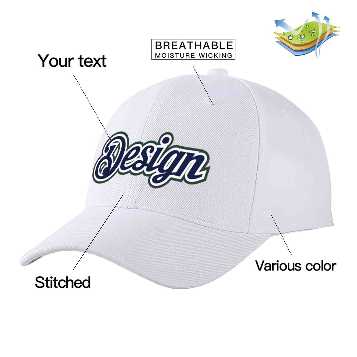 Custom White Navy-White Curved Eaves Sport Design Baseball Cap