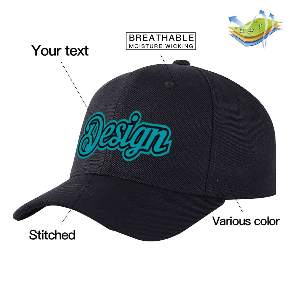 Custom Black Aqua-Black Curved Eaves Sport Design Baseball Cap