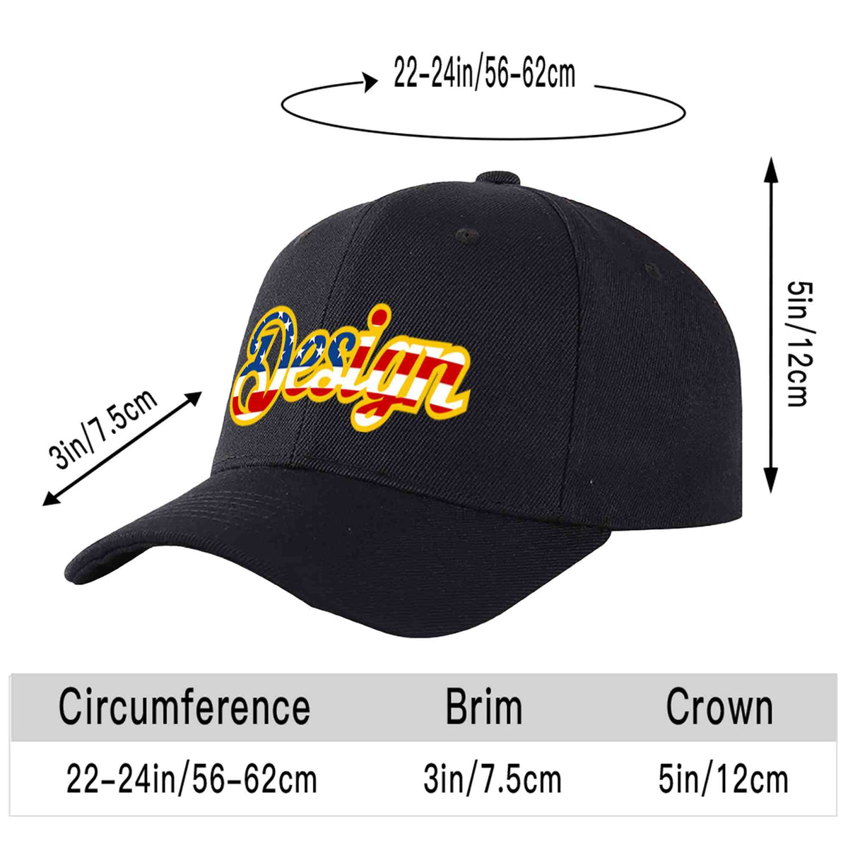 Custom Black Vintage USA Flag-Gold Curved Eaves Sport Design Baseball Cap