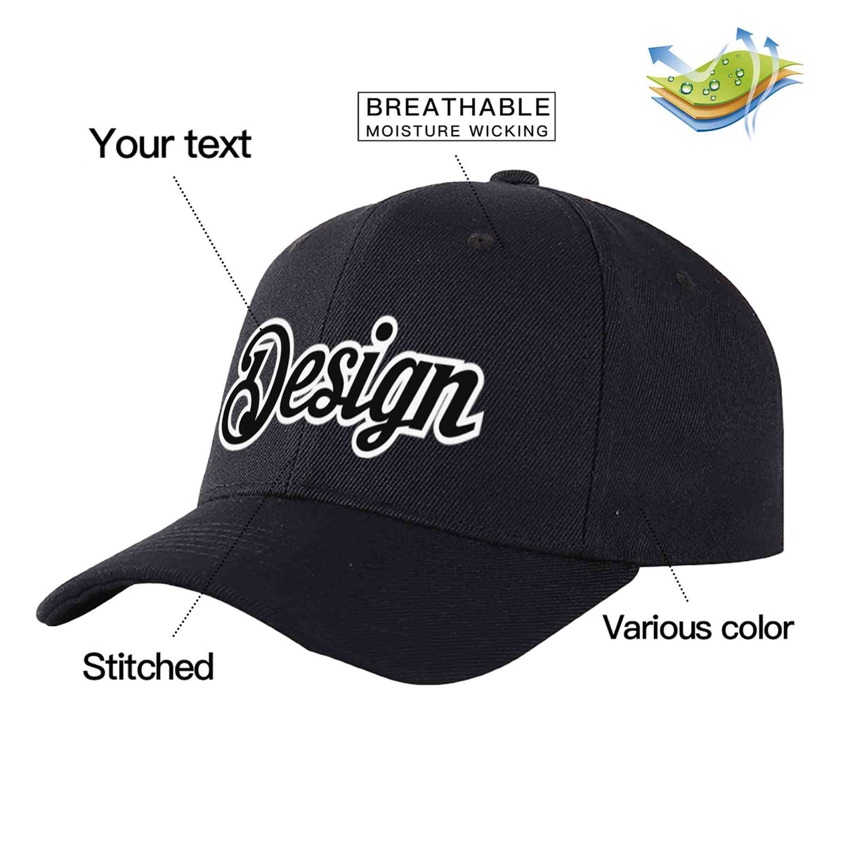 Custom Black Black-White Curved Eaves Sport Design Baseball Cap
