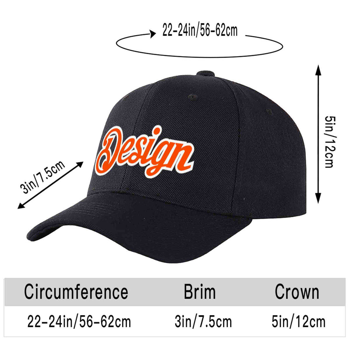 Custom Black Orange-White Curved Eaves Sport Design Baseball Cap
