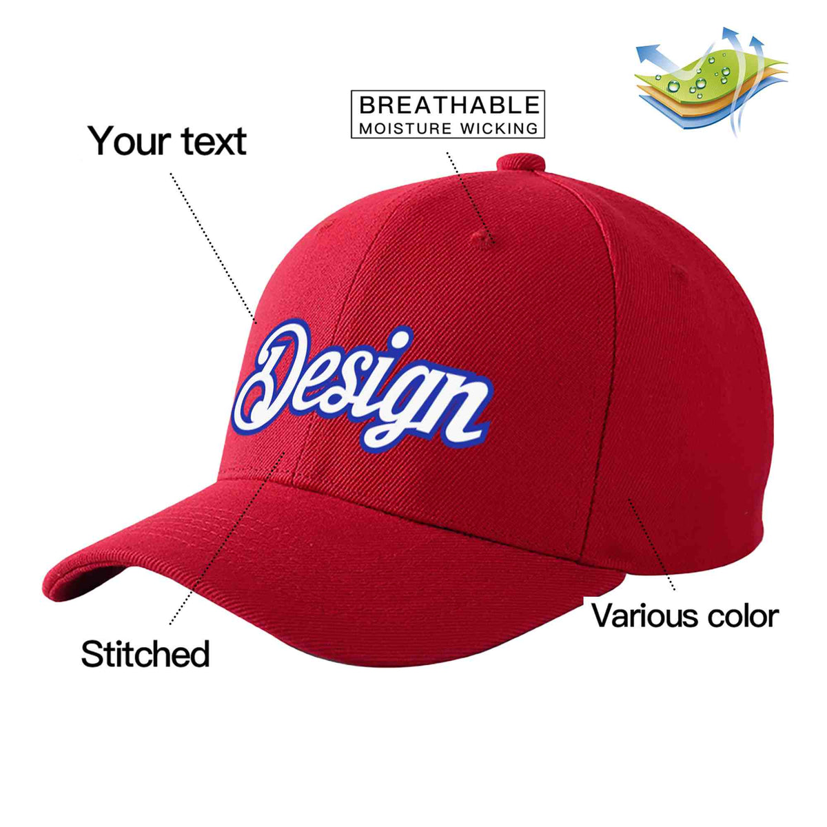 Custom Red White-Royal Curved Eaves Sport Design Baseball Cap