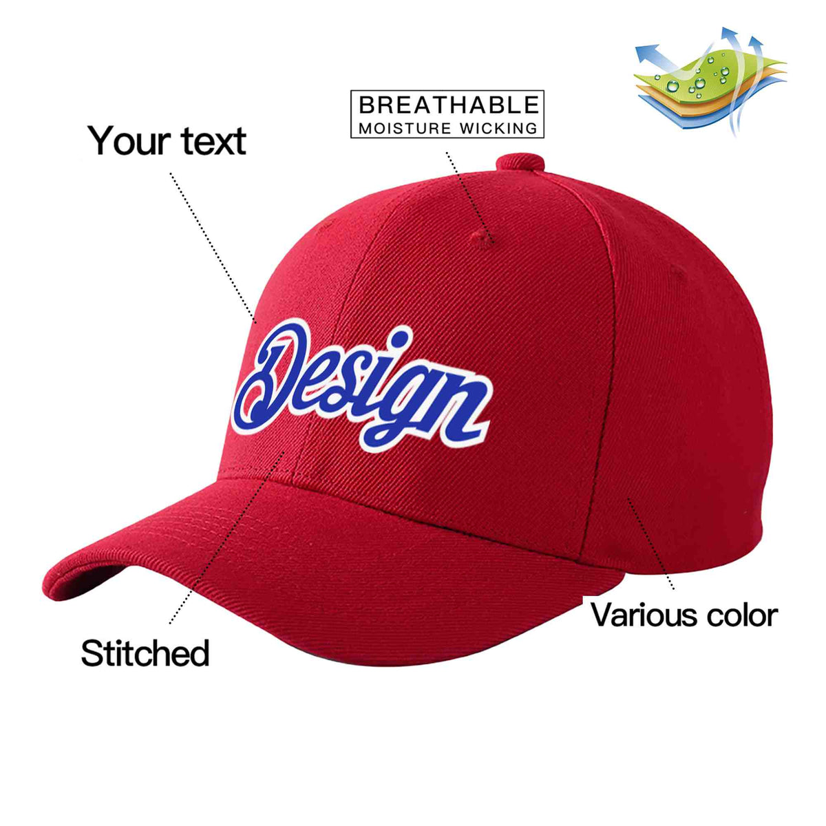 Custom Red Royal-White Curved Eaves Sport Design Baseball Cap