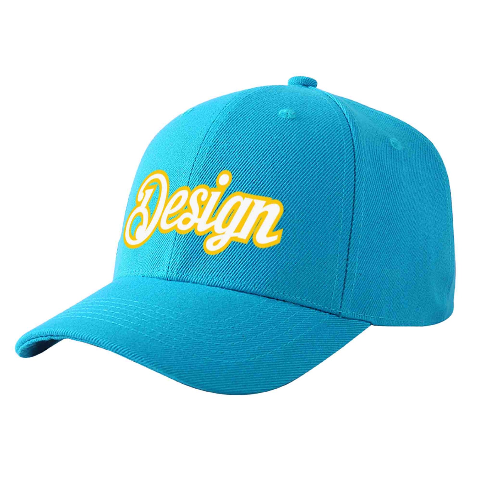 Custom Aqua White-Gold Curved Eaves Sport Design Baseball Cap