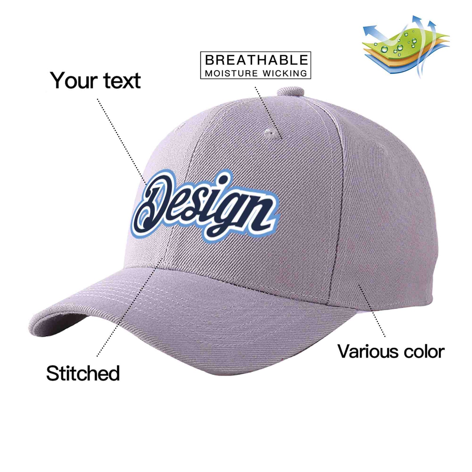 Custom Gray Navy-White Curved Eaves Sport Design Baseball Cap
