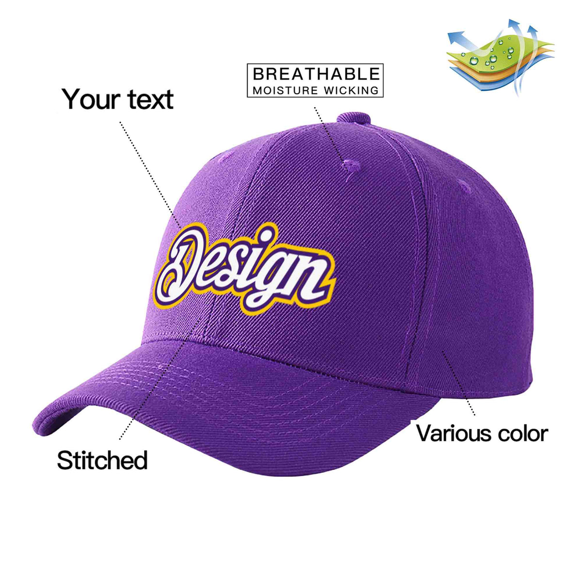 Custom Purple White-Purple Curved Eaves Sport Design Baseball Cap