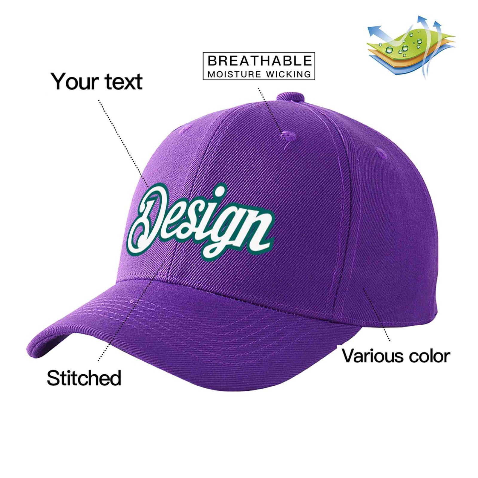 Custom Purple White-Aqua Curved Eaves Sport Design Baseball Cap