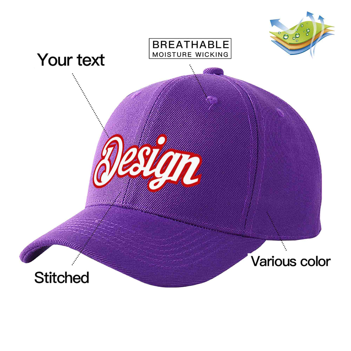 Custom Purple White-Red Curved Eaves Sport Design Baseball Cap