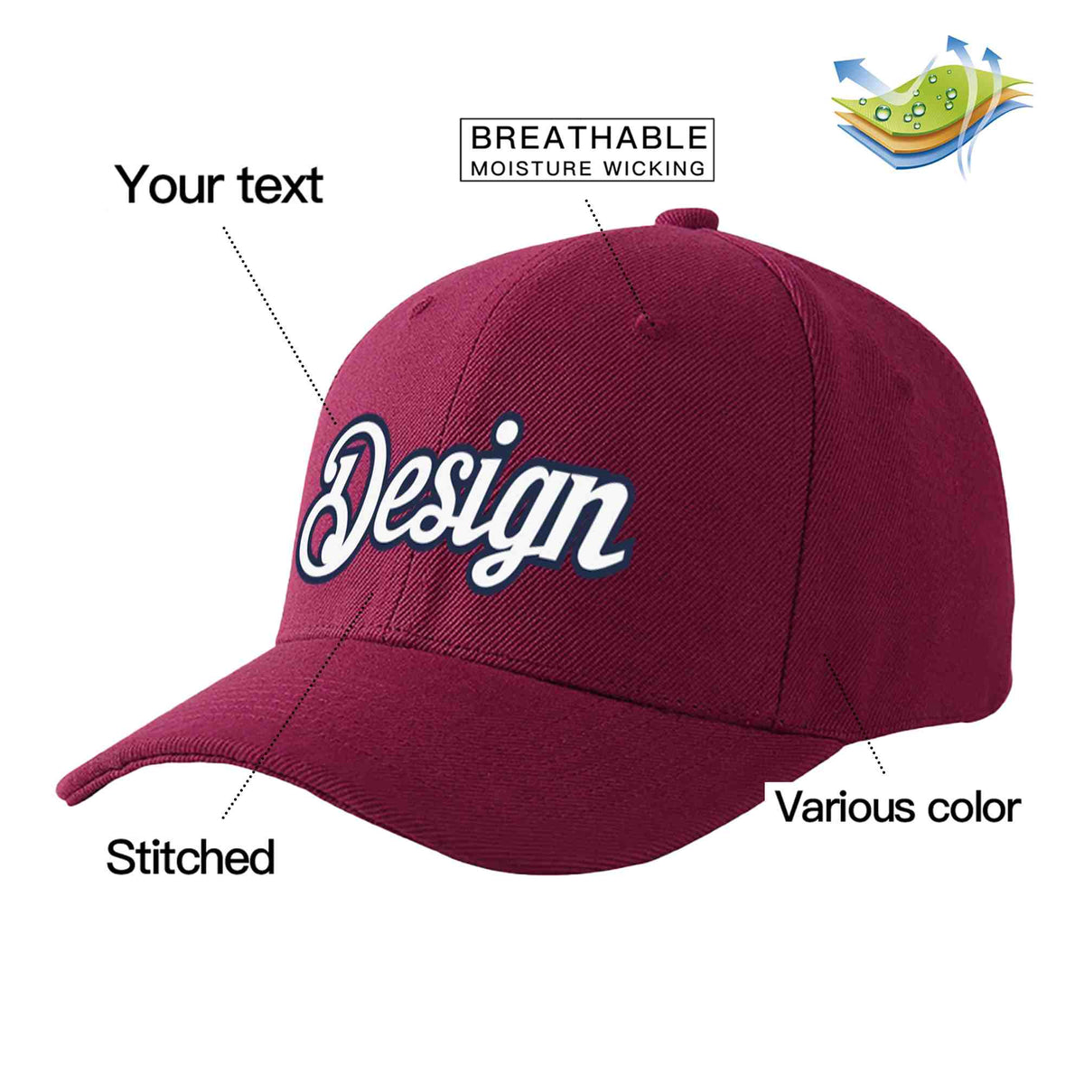 Custom Red Wine White-Navy Curved Eaves Sport Design Baseball Cap