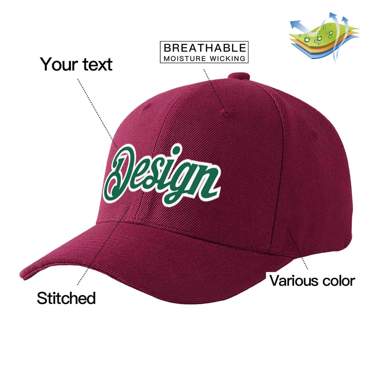 Custom Red Wine Kelly Green-White Curved Eaves Sport Design Baseball Cap