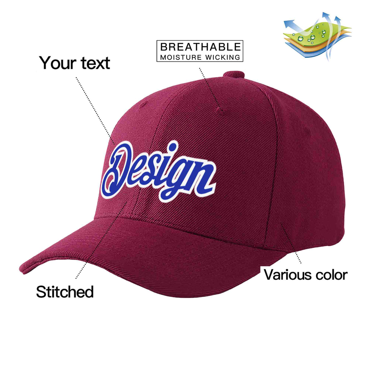 Custom Red Wine Royal-White Curved Eaves Sport Design Baseball Cap
