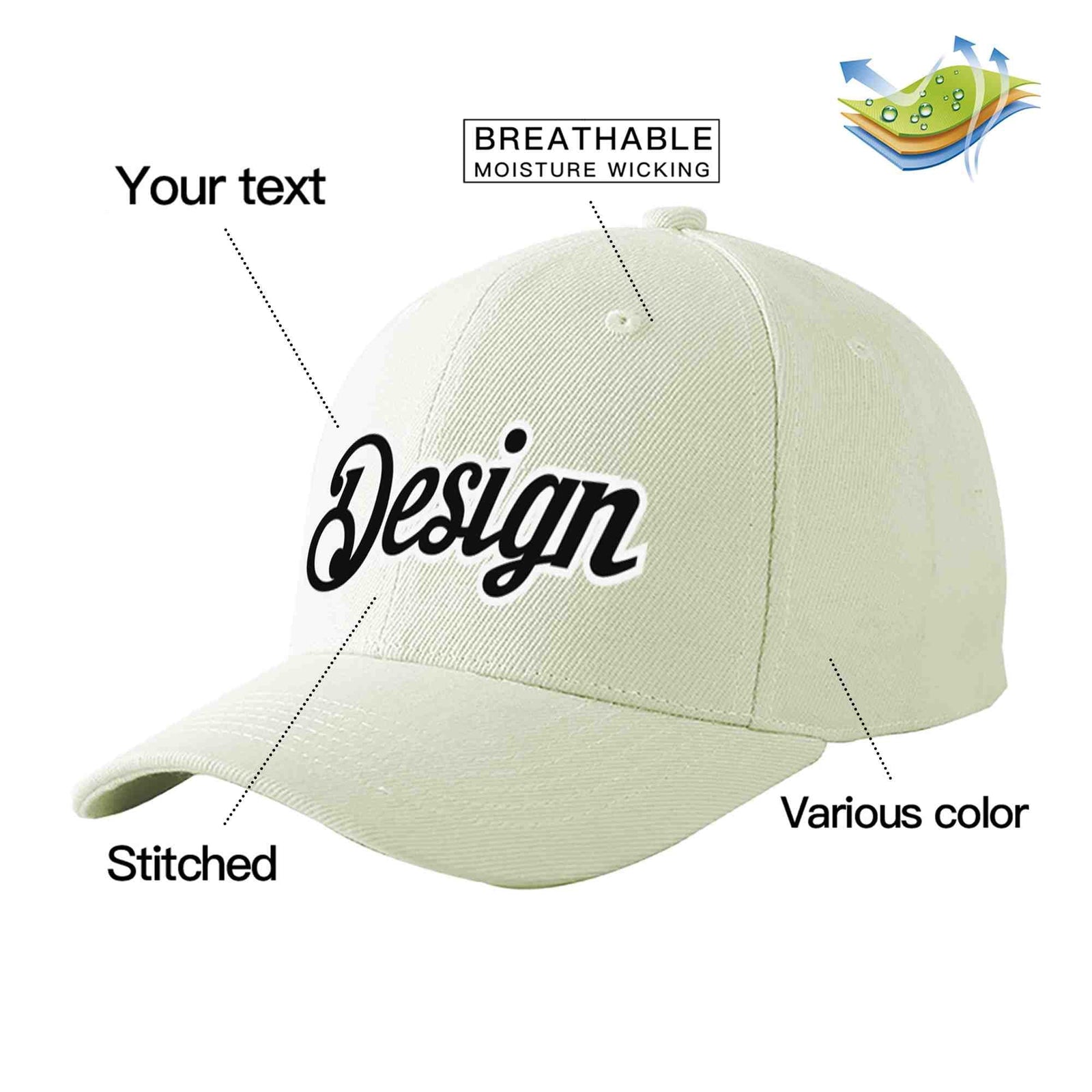 Custom Cream Black-White Curved Eaves Sport Design Baseball Cap