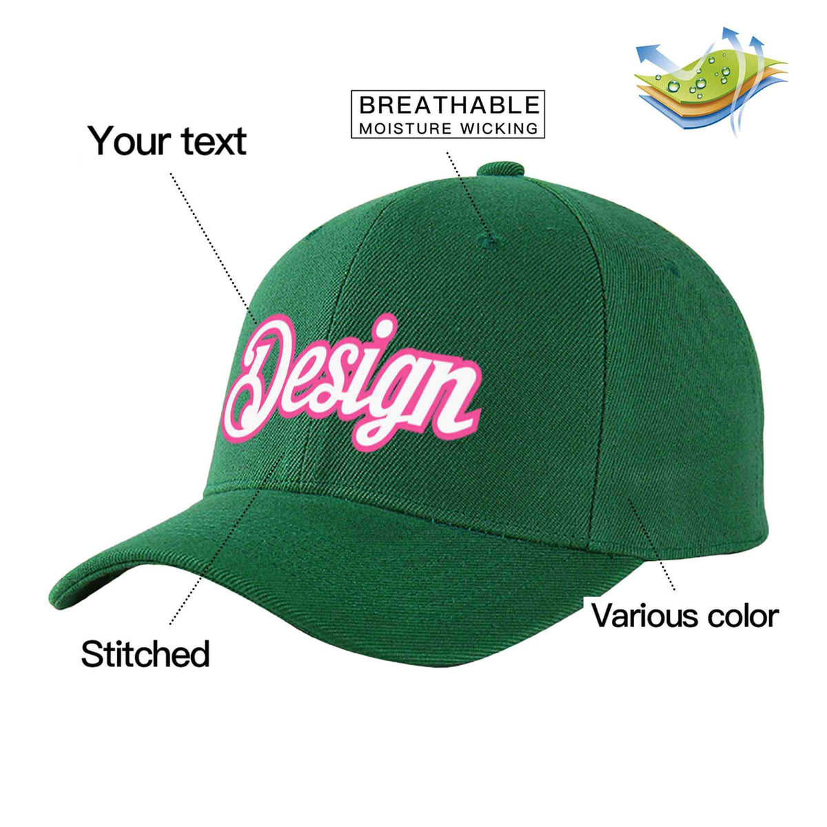 Custom Green White-Pink Curved Eaves Sport Design Baseball Cap