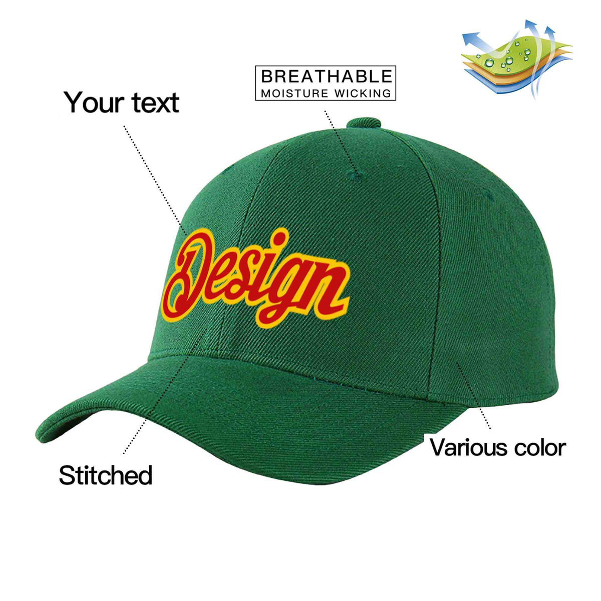 Custom Green Red-Yellow Curved Eaves Sport Design Baseball Cap