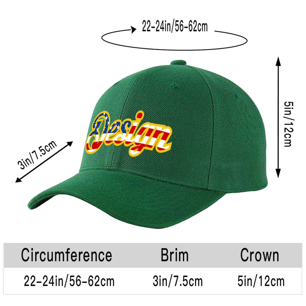 Custom Green Vintage USA Flag-Gold Curved Eaves Sport Design Baseball Cap