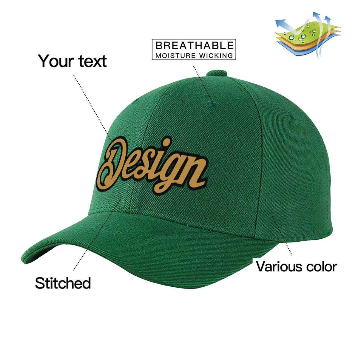 Custom Green Old Gold-Black Curved Eaves Sport Design Baseball Cap