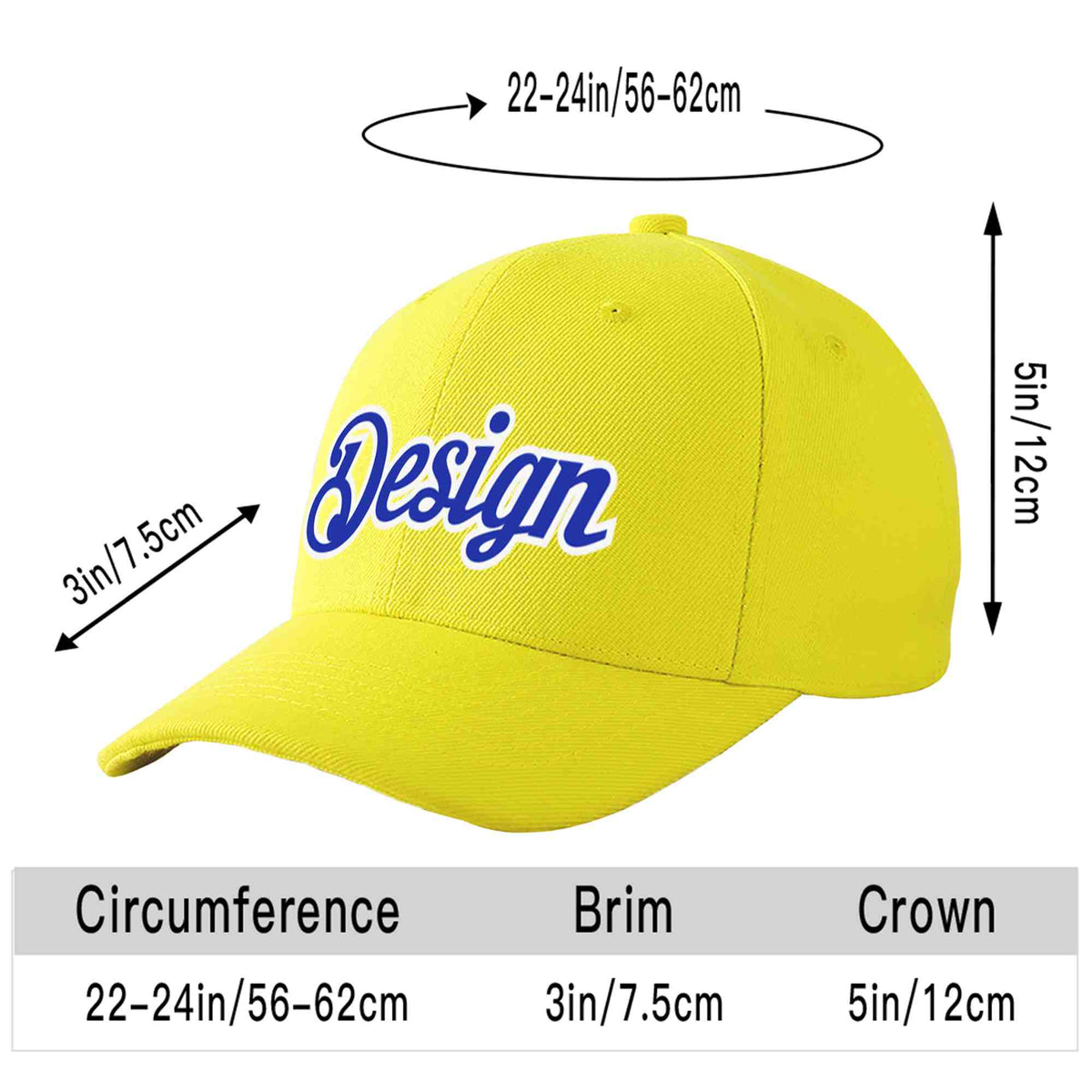 Custom Yellow White-Royal Curved Eaves Sport Design Baseball Cap