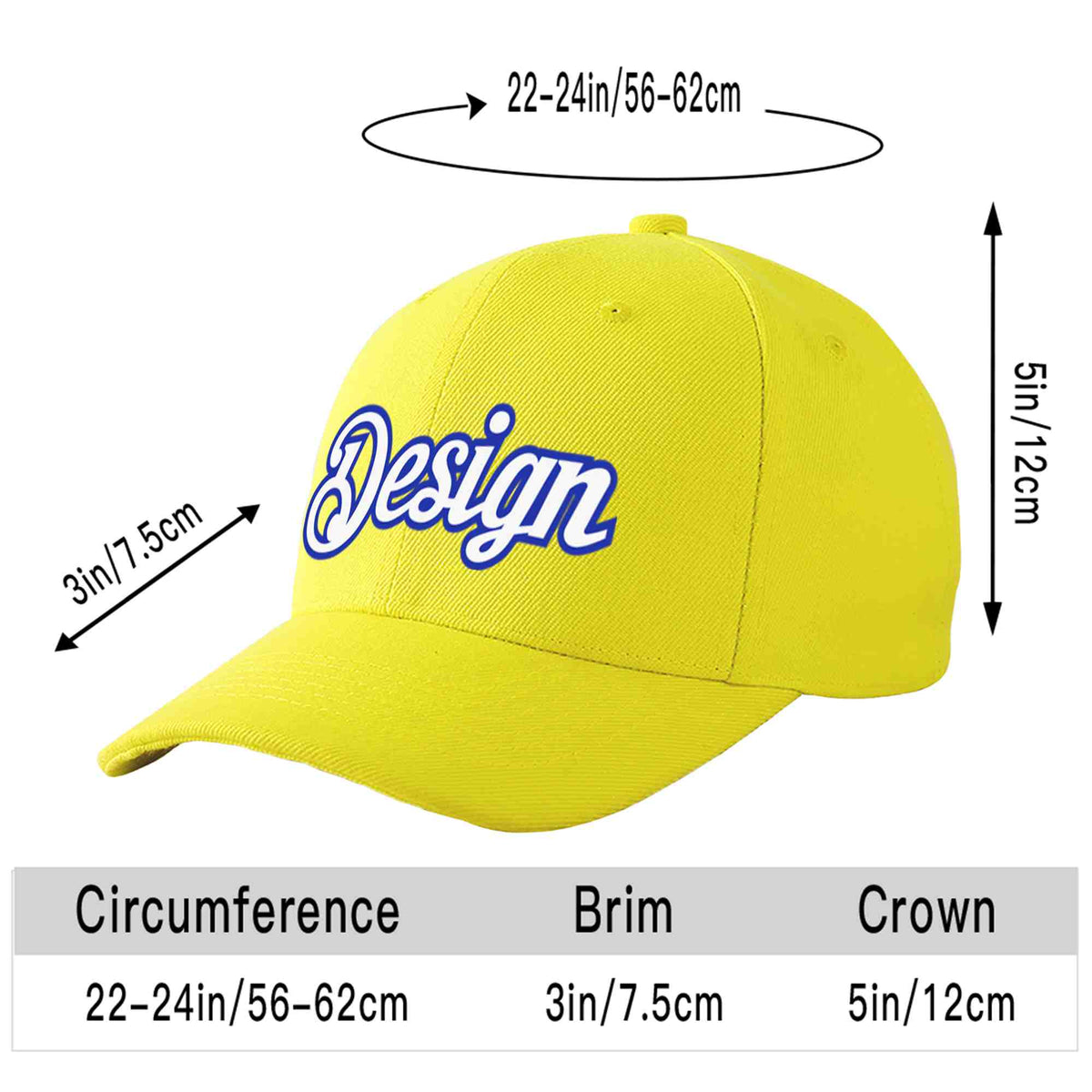 Custom Yellow Royal-White Curved Eaves Sport Design Baseball Cap