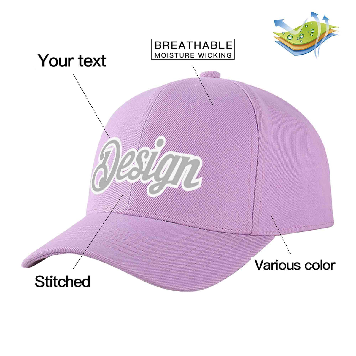 Custom Light Purple Gray-White Curved Eaves Sport Design Baseball Cap