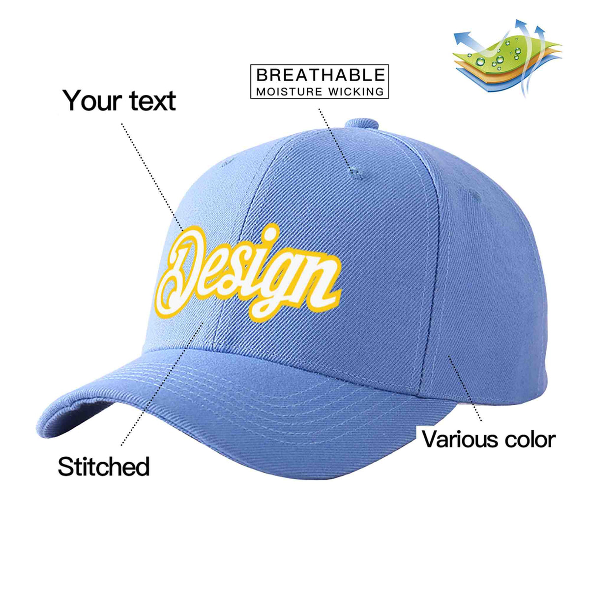 Custom Sky Blue White-Gold Curved Eaves Sport Design Baseball Cap