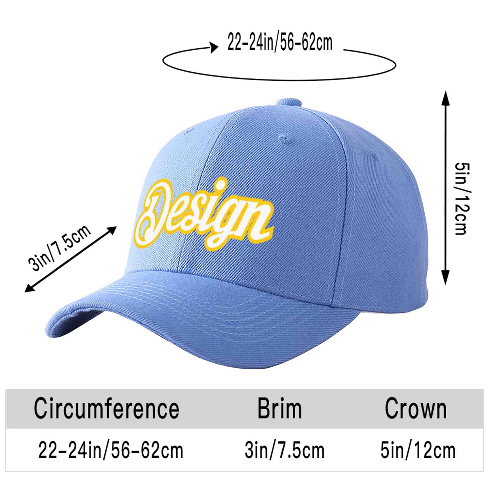 Custom Sky Blue White-Gold Curved Eaves Sport Design Baseball Cap