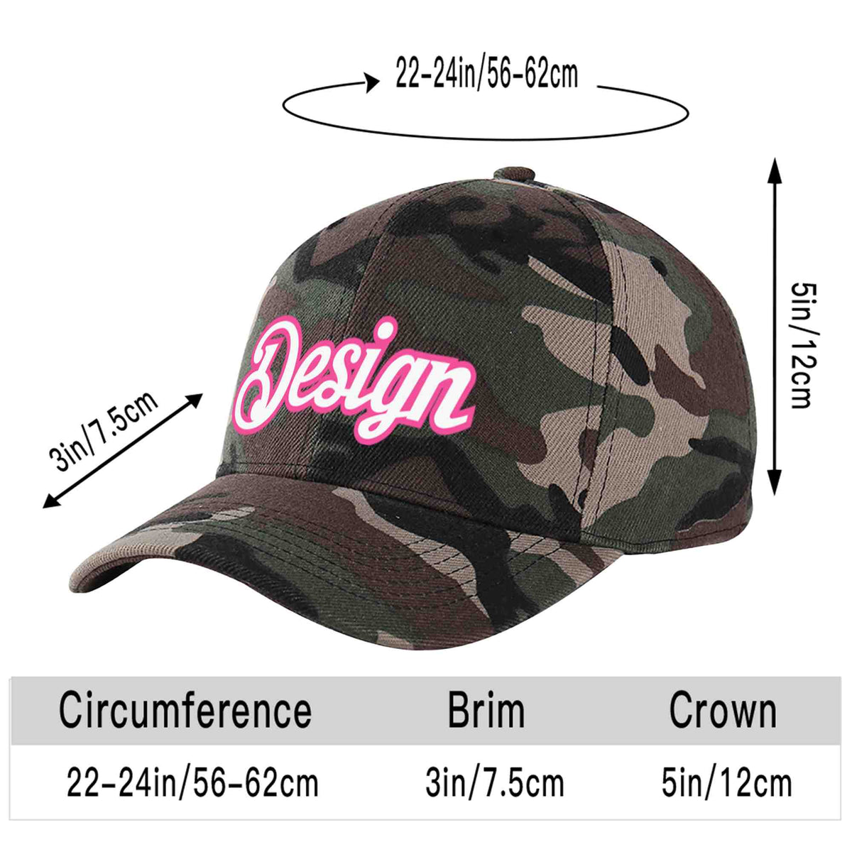 Custom Camo White-Pink Curved Eaves Sport Design Baseball Cap