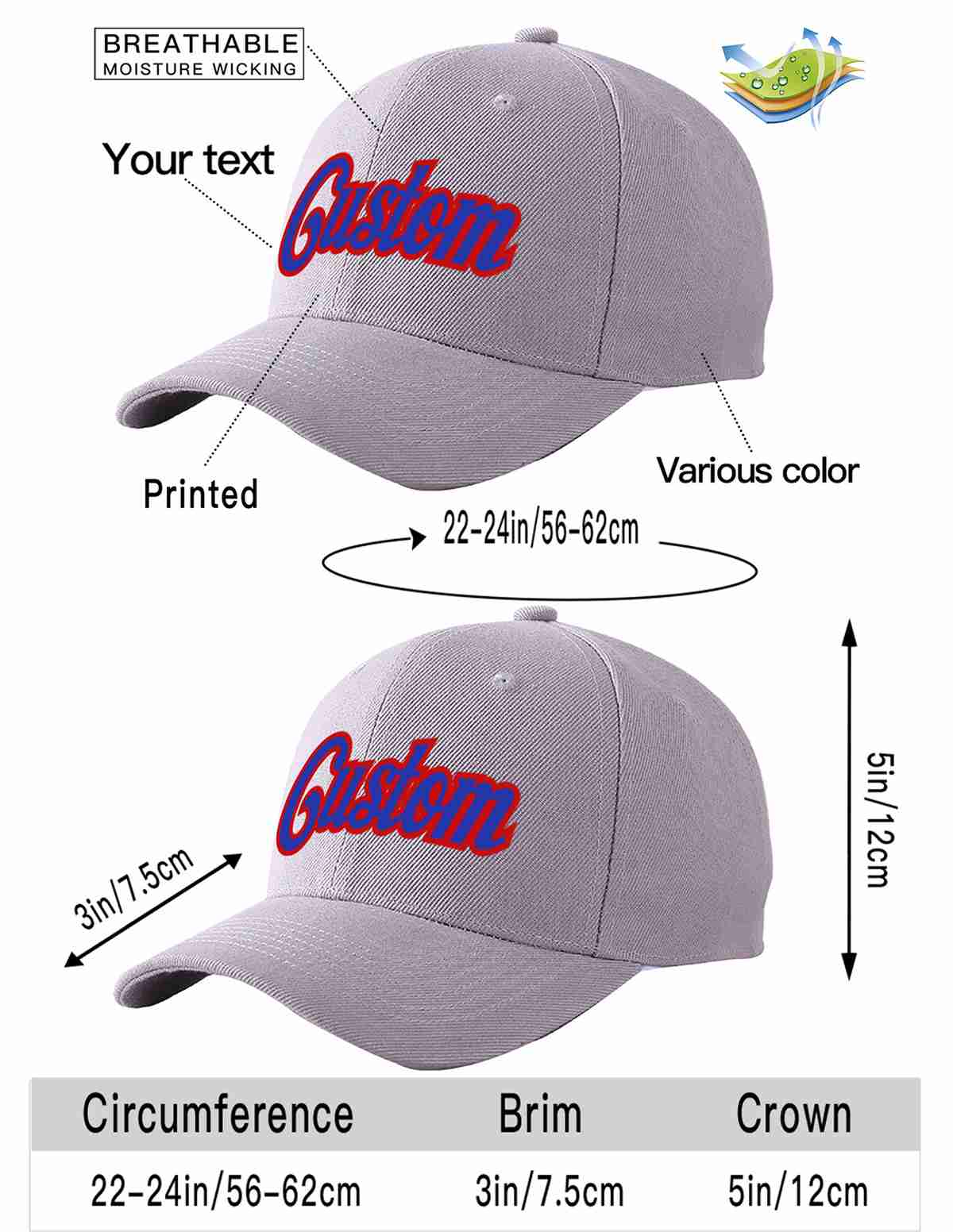Custom Gray Royal-Red Curved Eaves Sport Baseball Cap Design for Men/Women/Youth