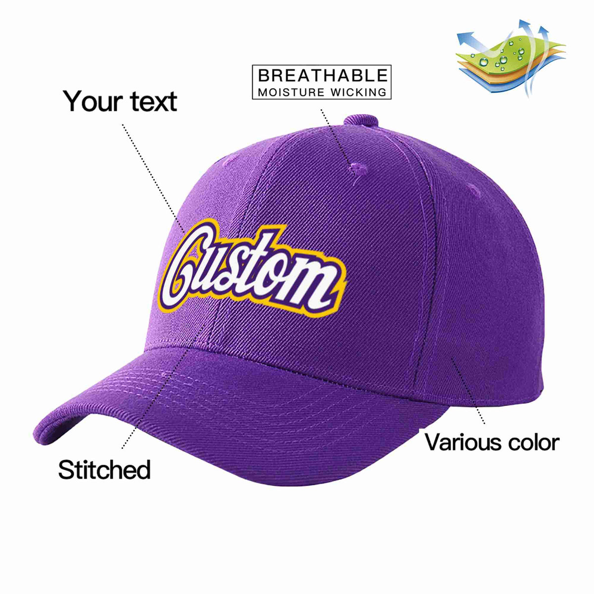 Custom Purple White-Purple Curved Eaves Sport Baseball Cap Design for Men/Women/Youth