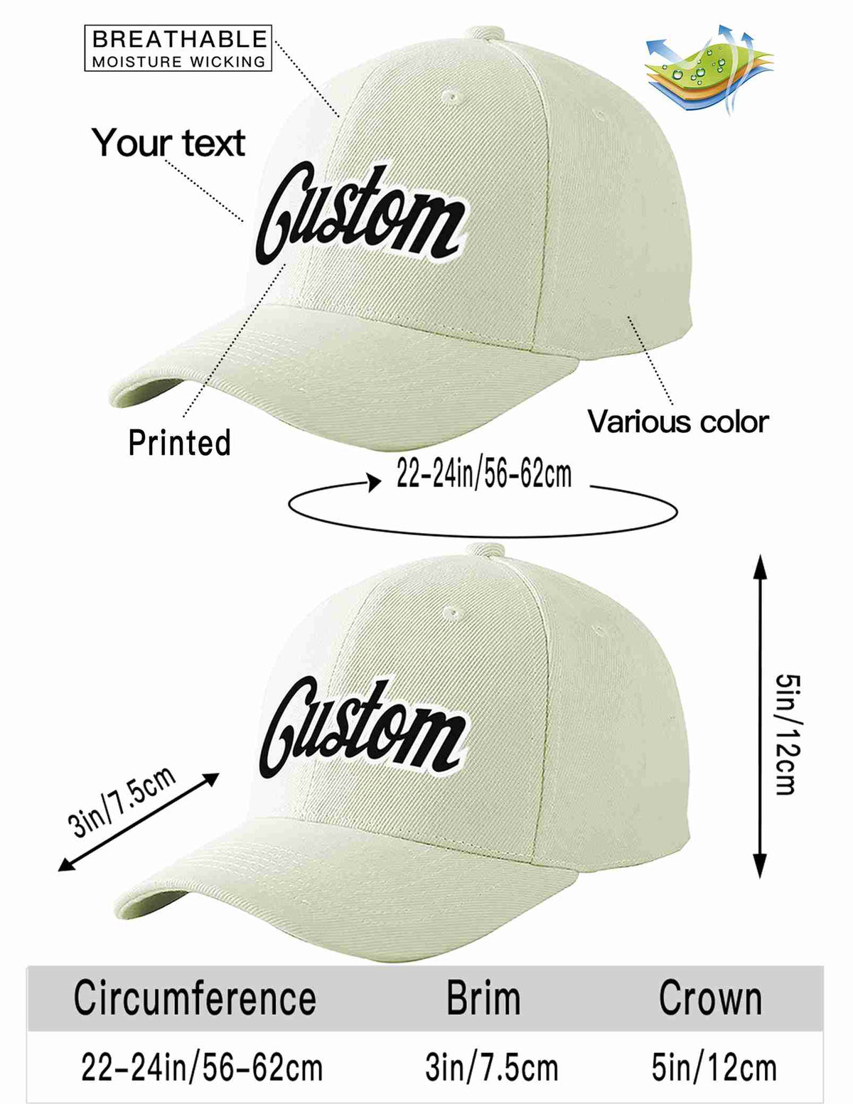 Custom Cream Black-White Curved Eaves Sport Baseball Cap Design for Men/Women/Youth